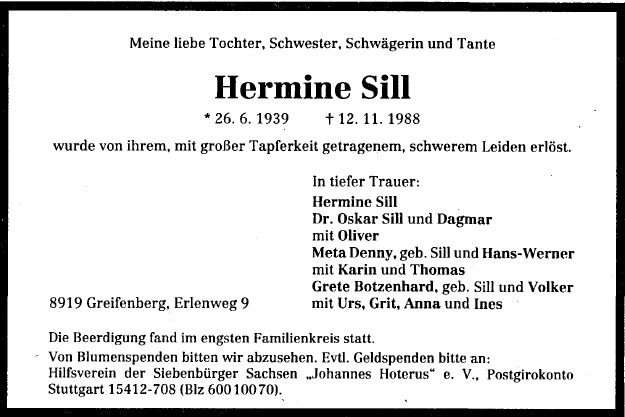 Sill Hermine 1939-1988 Todesanzeige